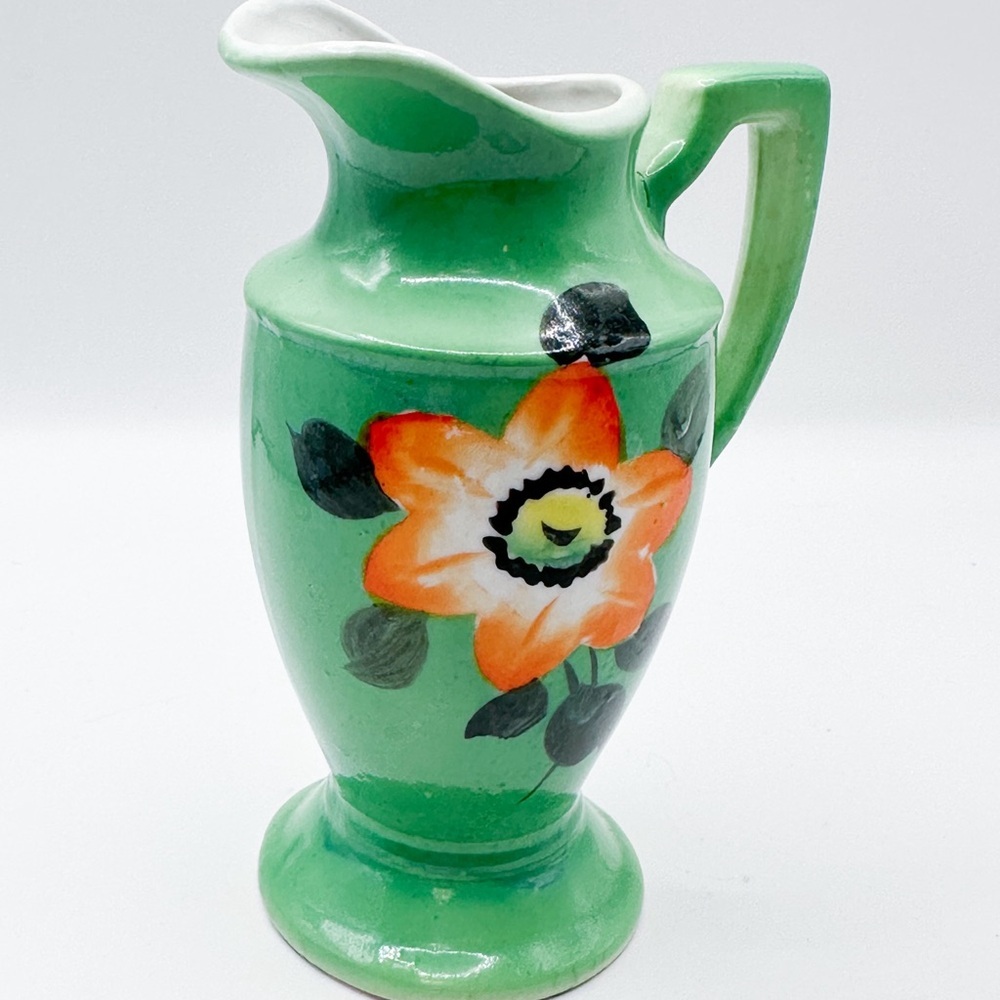 Vintage green ceramic hand painted Japan vase mini